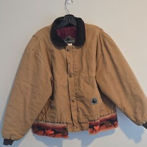 Vintage Tan Barn Jacket with Horse Pattern Trim